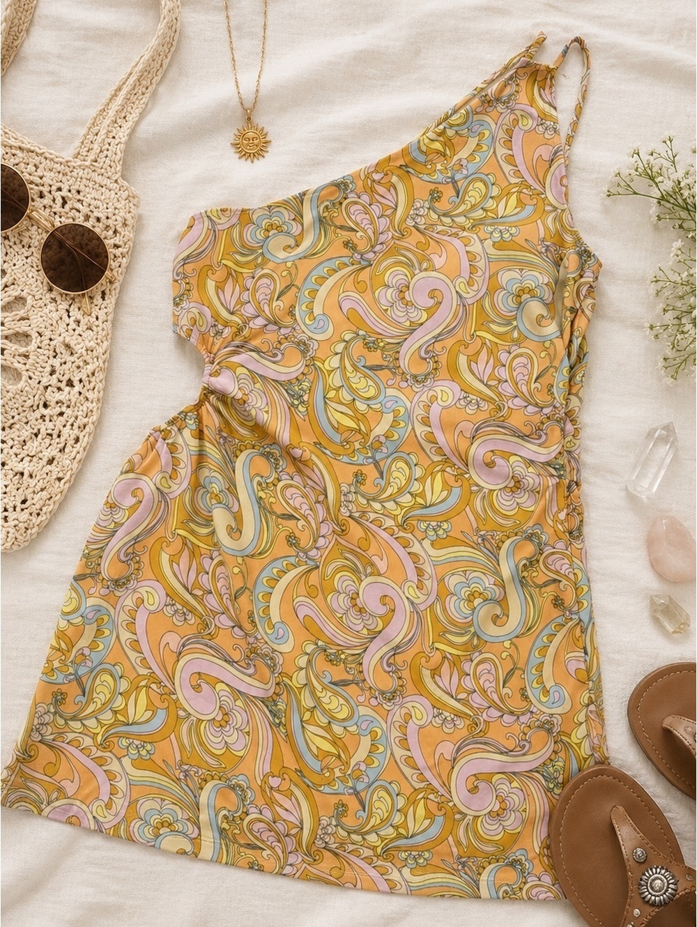 American Eagle One Shoulder Paisley Mini Dress Women's Large Orange Multi